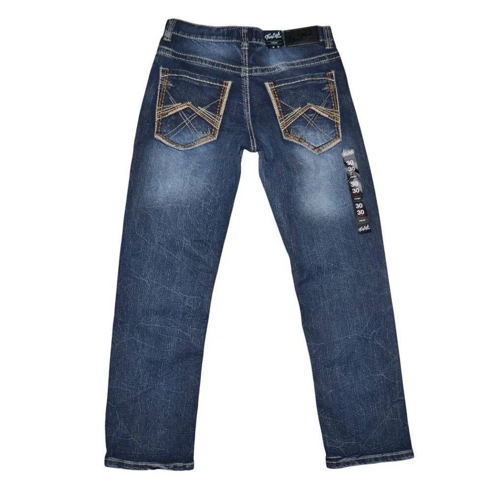 True Luck Straight Leg Jeans Dark Wash Denim Men's Size 32x32 Thick Stitch BKE